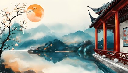 Meticulous Abstract Landscape Poster Featuring Chinese Style Architecture