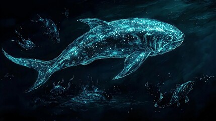 Wall Mural - A large fish swims through the dark water, surrounded by smaller fish. Its body is made of glowing particles.