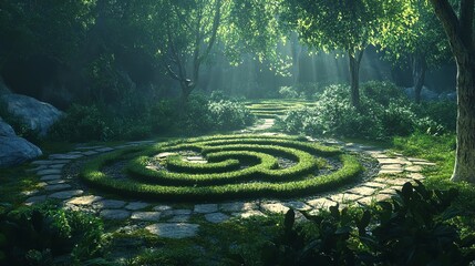 Garden labyrinth bathed in eclipse light