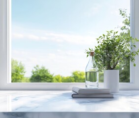 Poster - GENERATING AI window on a white marble counter with books