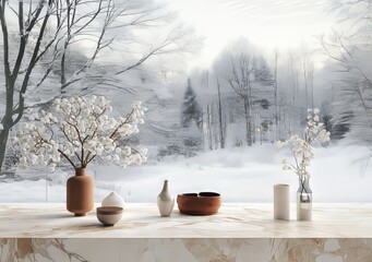 Wall Mural - White marble countertops in this Nordic style kitchen are ultra-realistic and generative by AI