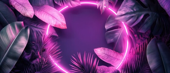 Wall Mural - Neon Pink Circle Surrounded by Tropical Leaves