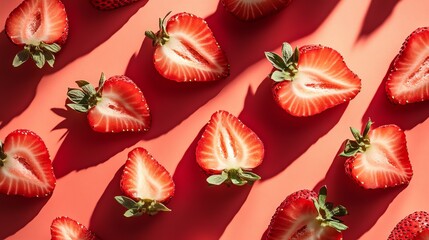 Poster - A pattern of strawberry halves on a pink background.