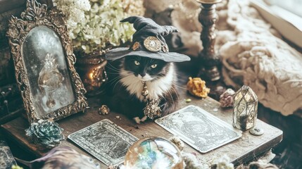 Sticker - A black and white cat wearing a witches hat