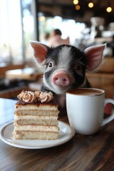 Poster - A small pig sitting next to a piece of cake