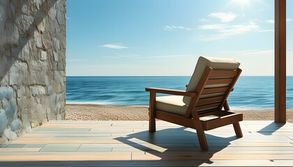 Tranquil terrace retreat with an armchair and sun beds overlooking a serene sea on a bright sunny day