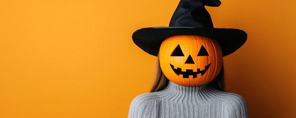 A creative Halloween scene featuring a person with a pumpkin head wearing a witch hat against an orange background.