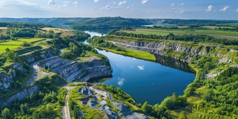 Canvas Print - Aerial view of a stone quarry amidst a lush forest with a scenic backdrop of blue skies and flowing river Green fields complement the landscape