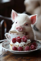 Poster - A small pig sitting on top of a plate next to a cup of coffee