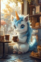 Wall Mural - A cartoon unicorn with a cup of coffee