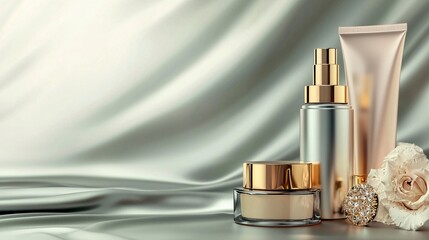 Luxury Skincare Products on Silk Background.