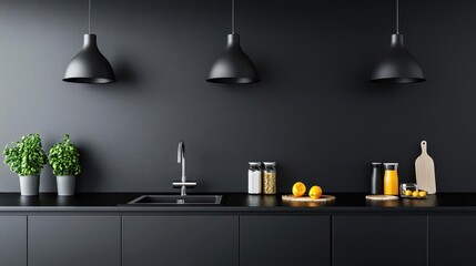 A sleek, minimalist kitchen with wallpaper displaying faint, metallic abstract shapes, paired with black countertops and simple decor, 3D rendering, Industrial elegance