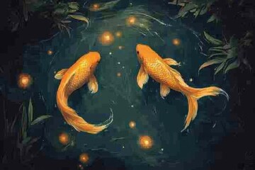 Vibrant orange koi fish swimming in mystical pond with glowing fireflies