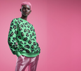 Wall Mural - 
An illustrated portrait of a young, dark-skinned hipster man standing and posing in a sweater with a leopard print pattern, with vibrant pink hair, rendered in soft pastel shades of pink and green.