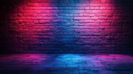 Brick wall with neon lighting, abstract background. Urban style and modern art concept