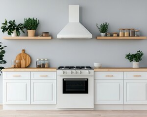 A clean, white kitchen with a feature wall of soft gray wallpaper featuring abstract leaf patterns, paired with simple, minimalist decor, Photorealistic, Bright, airy