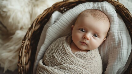 Poster - A baby sleeps soundly in a basket with a knitted blanket.