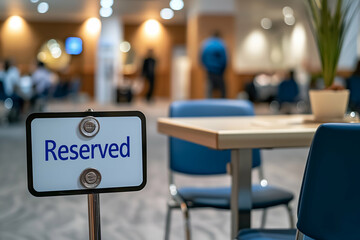 A close-up of a 'Reserved' sign on a table in a modern setting, with blurred background showing people in a social or business environment.