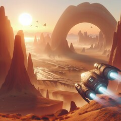 Wall Mural - Fantastic Sci-fi landscape of a spaceship on a sunny day, flying over a desert with amazing arch-shaped rock formations.