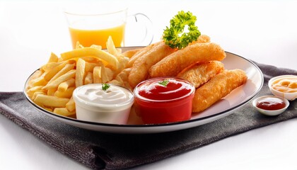 french fries and sauces and breakfast white background