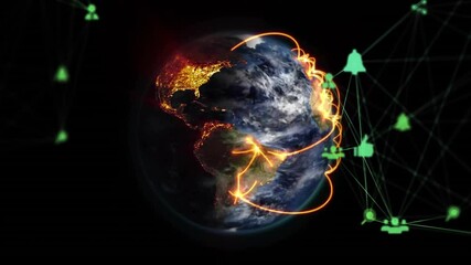 Poster - Animation of network of connections with icons over globe