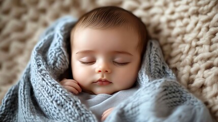 Poster - A baby sleeps soundly in a knitted blanket.