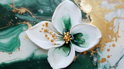 Wall Mural - Flower marble texture with abstract green, white, glitter, and gold alcohol ink backgrounds.