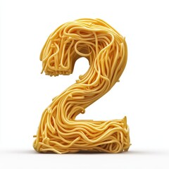 3D number 2 with spagetti pasta texture realistic modern design, soft lighting, white background