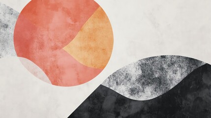 Wall Mural - An abstract painting with wavy shapes in black, orange, and pink.