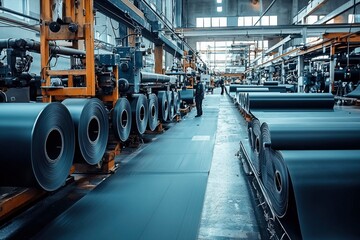 Industrial Factory with Rolls of Black Material