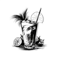 Cocktail day in black and white sketch style on white background