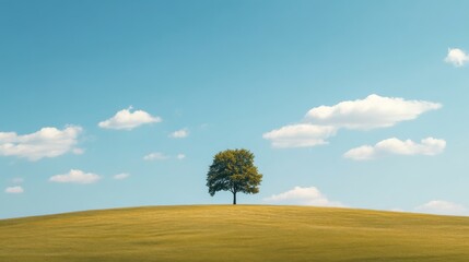 Wall Mural - Lone tree standing on a hill under a bright blue sky, minimalist nature scenery. Solitude and tranquility concept