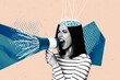 © deagreez - Composite photo collage of angry girl scream megaphone cut head thoughts demonstration concept strike isolated on painted background