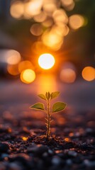 Poster - Young plant growing in soil with sunflare