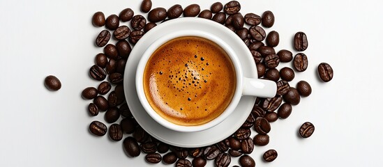 A cup of coffee surrounded by coffee beans on a white background.