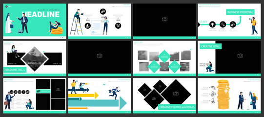 Business presentation, financial success, powerpoint, launching a new business project in Dubai. Infographic design template, elements, set. Team of people create a business with an Arab sheikh.Vector