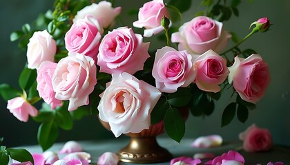 Wall Mural - The elegant vase is filled with pink and white roses. The petals are soft and surrounded by green leaves, giving off a romantic and warm atmosphere.