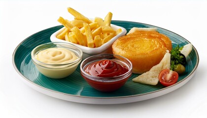 french fries and sauces and breakfast olive cheese white background