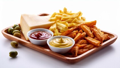 french fries and sauces and breakfast olive cheese white background