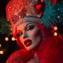 Professional style photo of super glamorous drag queen with a Christmas or festive season inspired theme, LGBTQ+, queer Christmas. Square format