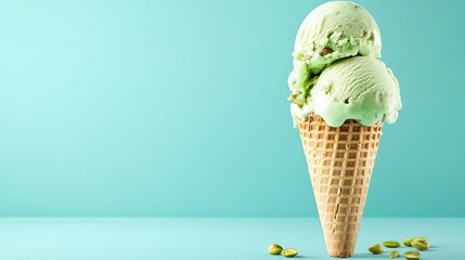 Poster - A pistachio ice cream cone with pistachio nuts on a light blue background.