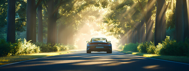 Car on a Sunlit Forest Road