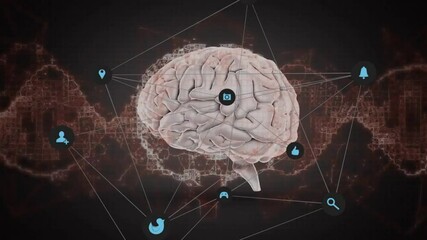 Poster - Animation of network of connections with icons over dna strand and human brain