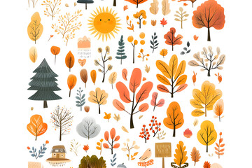 Wall Mural - Hand drawn cartoon autumnal collection of yellow plants and leaves isolate don white background	