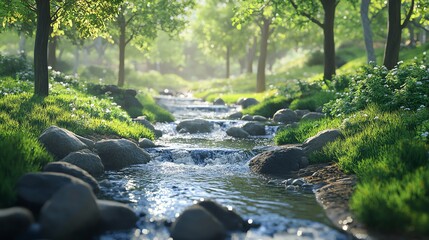 Sticker - A peaceful stream flowing through a green forest.