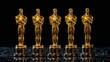 © COK House - A row of five Oscars on a reflective surface with water droplets. Bright statues against a dark background, sparkles adding to celebratory vibe.