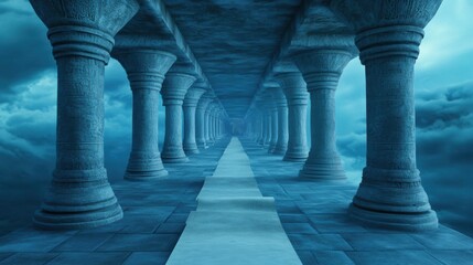 Poster - A long walkway with pillars and a white path in the middle, AI