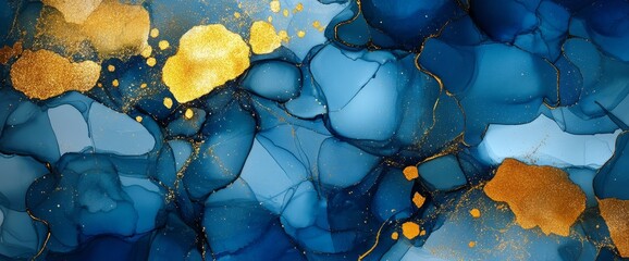 Background with glitter alcohol ink, abstract handpainted art, blue decoration, modern wallpaper for printing, white cloudy layers, natural golden layers with gold glitter