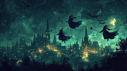 Witches fly with bats across a moonlit night sky over a medieval town, creating a haunting scene with tall illuminated spires, glowing windows, and an eerie atmosphere.