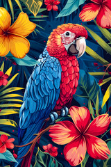 Poster - A parrot sitting on a branch surrounded by tropical flowers